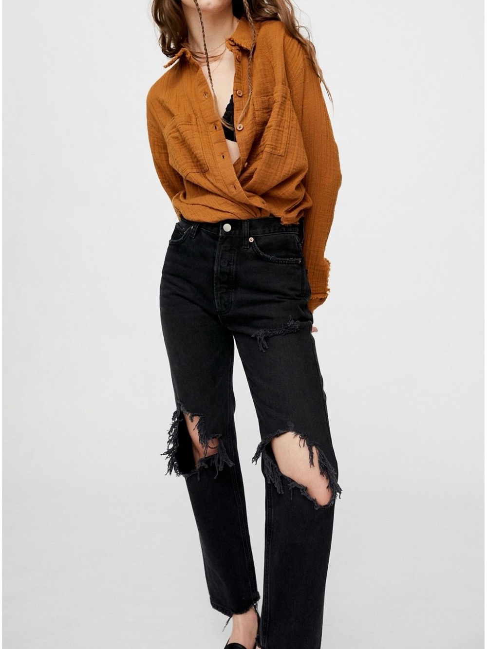 BDG Premium High-Waisted Relaxed Straight Jean Distressed Black Denim 27